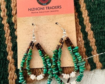 Navajo Turquoise, Shell & Heishi Beaded Hoop Earrings