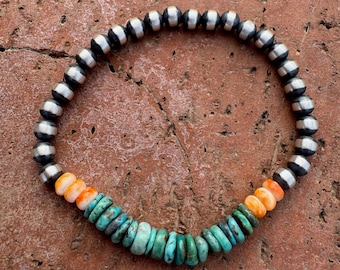 Pulsera elástica de cuentas de 5 mm, turquesa y plata de ley, hecha a mano, de 18 cm.