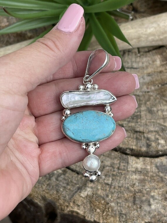 Turquoise & Mother Of Pearl Sterling Silver Navaj… - image 3