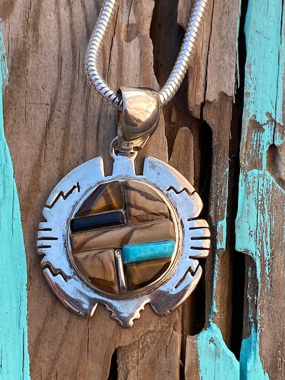 Navajo Rolled Inlay Pendant Necklace with Turquois