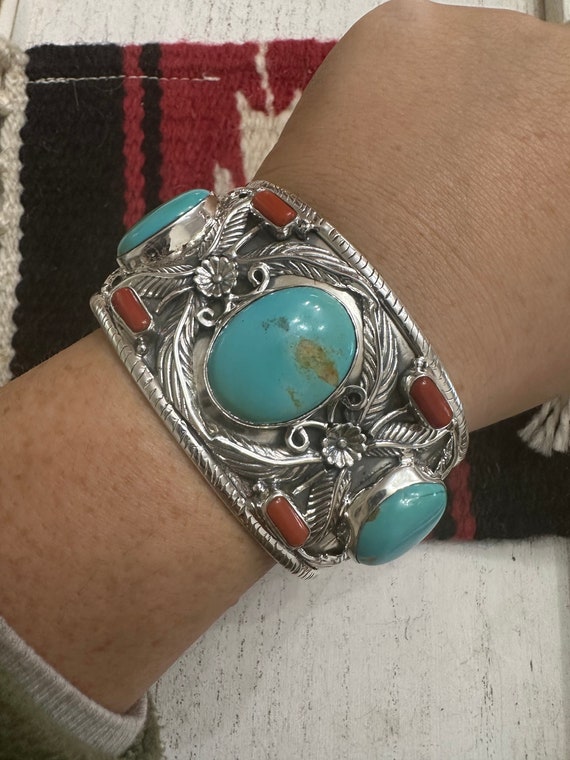 Handmade Sterling Silver, Turquoise & Coral Cuff … - image 6
