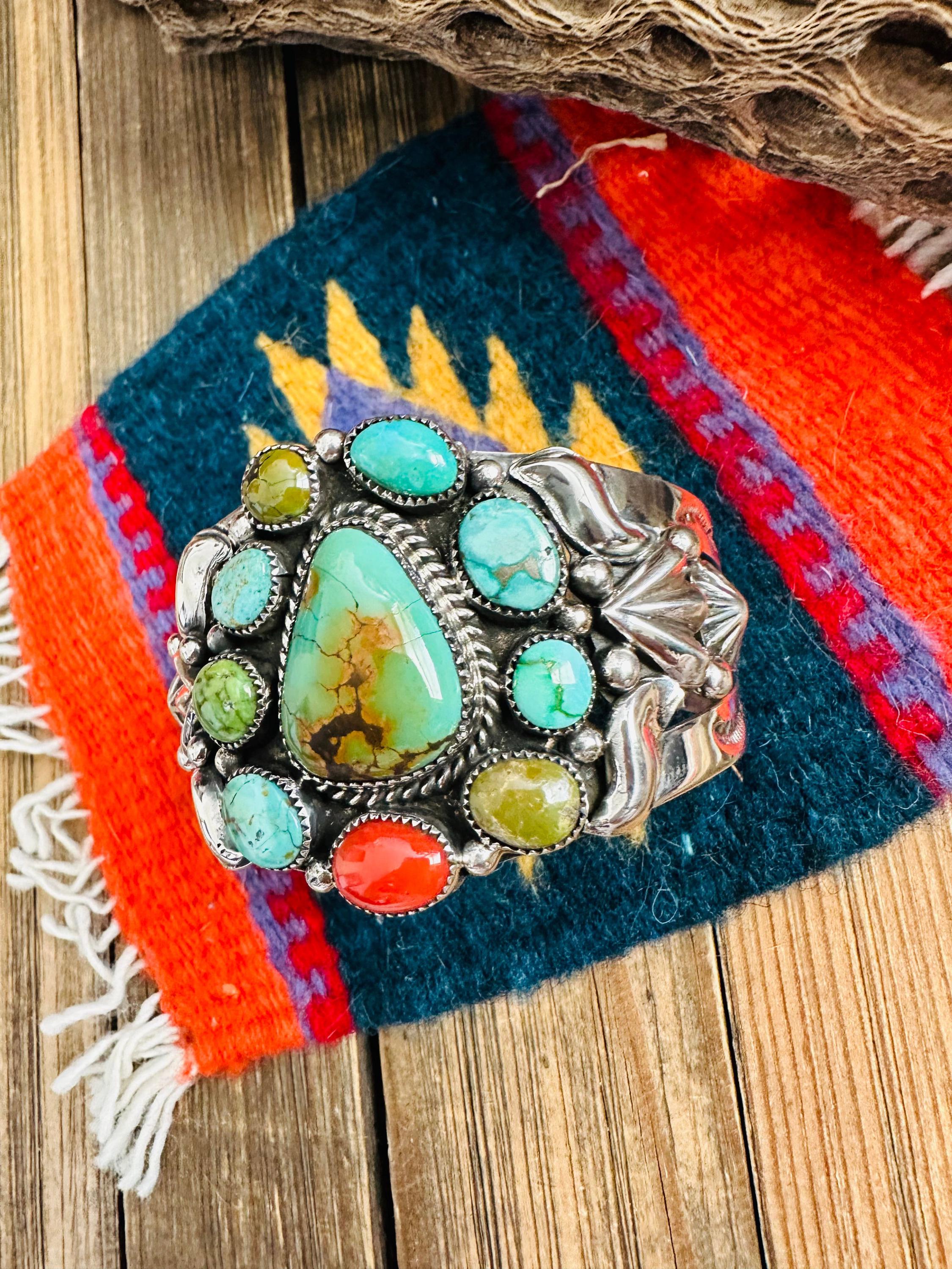 Navajo Old Pawn Turquoise, Coral & Sterling Silver Cuff Bracelet / - Etsy
