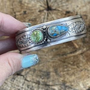 Navajo Sterling Sonoran Gold & Golden Hills Turquoise 2 Stone Cuff Bracelet