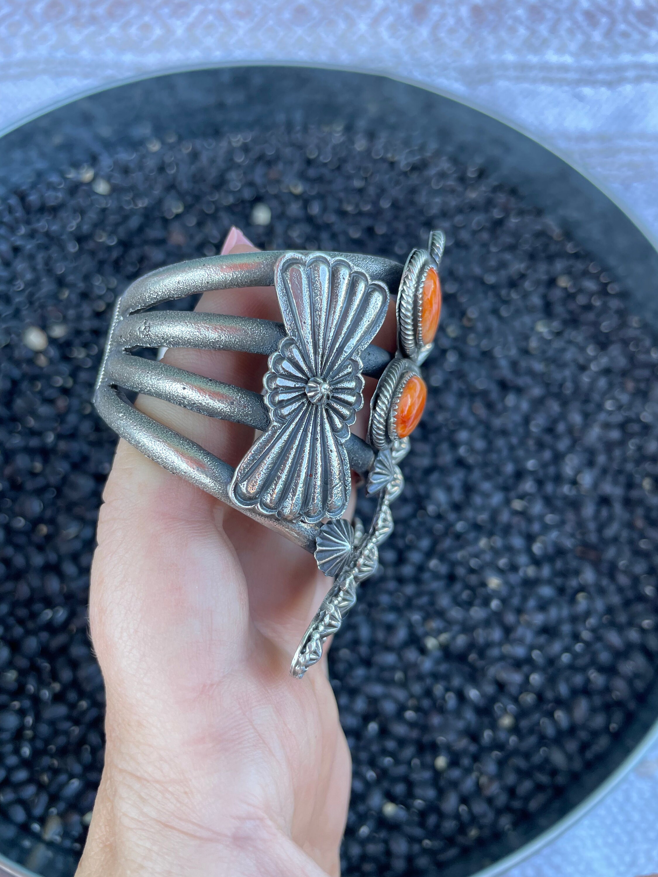 Navajo Sterling Silver and Orange Spiny Dragonfly Cuff