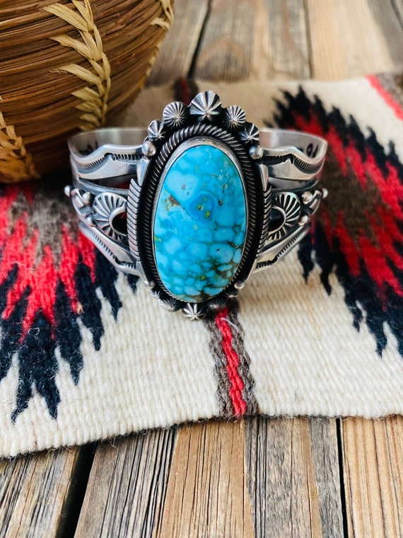 Navajo Kingman Web Turquoise & Sterling Silver Cu… - image 1
