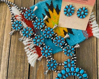 Navajo Sleeping Beauty Turquoise & Sterling Silver Squash Blossom Necklace Set