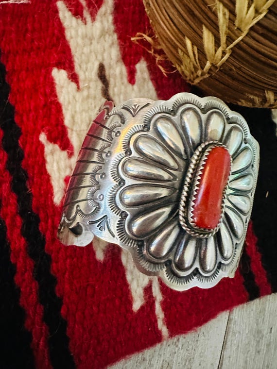 Old Pawn Navajo Sterling Silver & Coral Cuff Bracelet - Gem