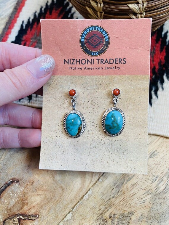 Navajo Turquoise, Coral & Sterling Silver Dangle … - image 5