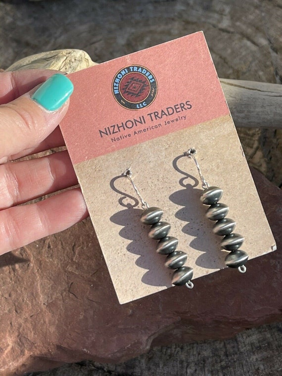 Navajo Sterling Silver Disk Bead Dangle Earrings - image 3