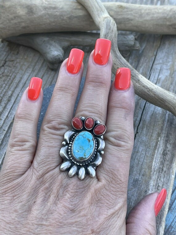 Navajo Sterling Kingman Web Turquoise & Red Coral… - image 10