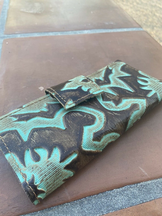 Hand Tooled Turquoise Southwestern Leather Wallet - image 2