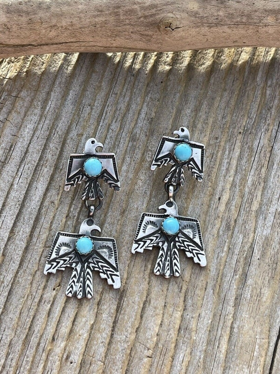 Navajo Turquoise  & Sterling Silver Thunderbird Dangles Signed 