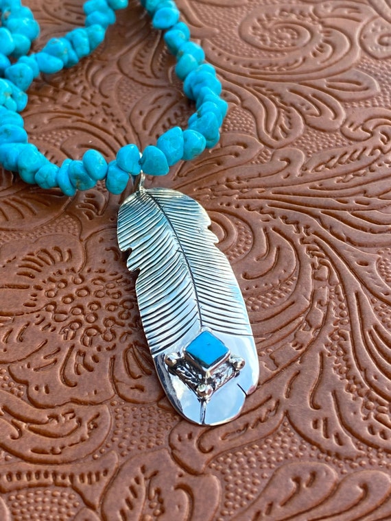 Navajo Kingman Turquoise & Sterling Silver Feathe… - image 4