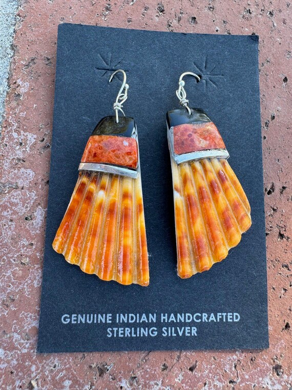 Handcrafted Multi Stone Inlay & Shell Dangle Earr… - image 1