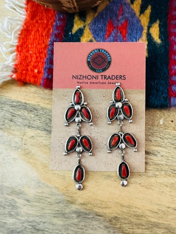 Navajo Coral & Sterling Silver Dangle Earrings