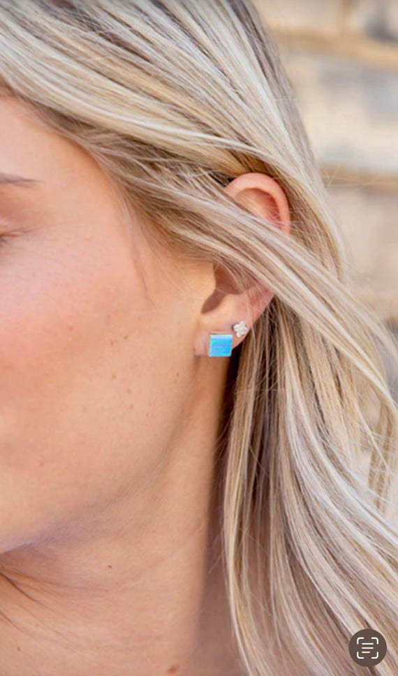 Square Light Blue Opal Studs - image 2