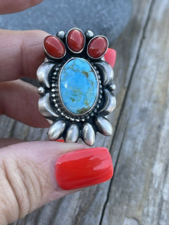 Navajo Sterling Kingman Web Turquoise & Red Coral… - image 4
