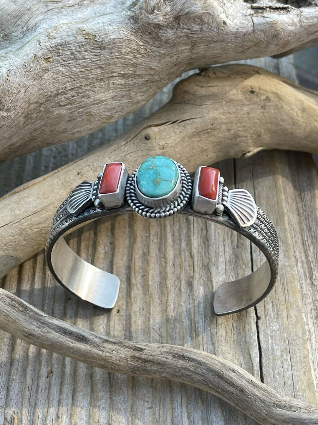 Navajo Sterling Silver Red Coral and Turquoise Bracelet Signed - Etsy