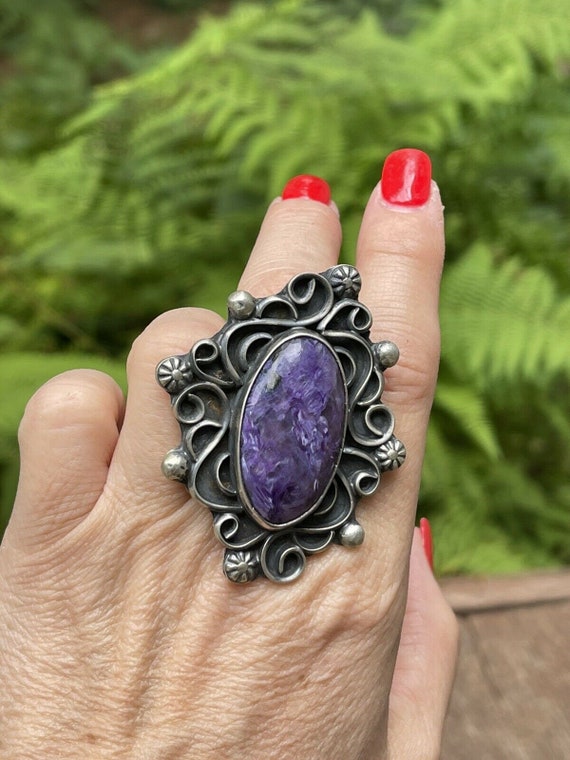 Navajo Charoite & Sterling Silver Size 8 Fancy Sw… - image 1