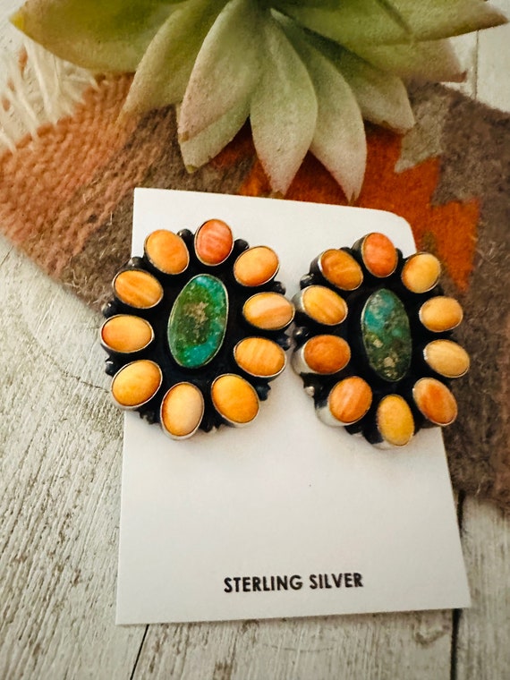 Navajo Sterling Silver, Orange Spiny & Turquoise … - image 3