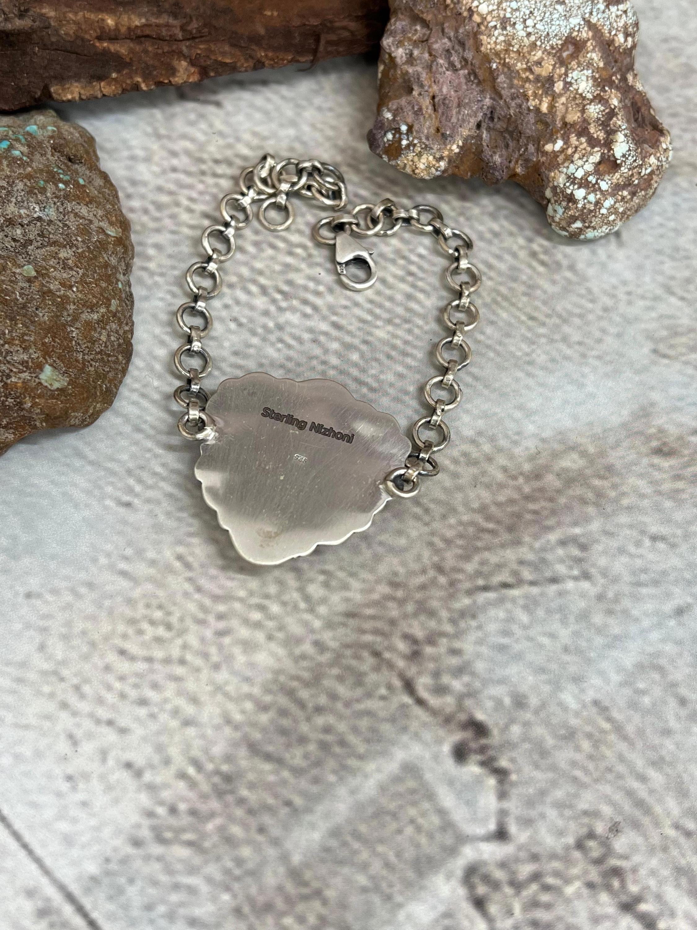 Handmade Sterling Silver Blackjack Turquoise Chain Bracelet Signed