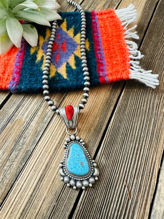 Navajo Sterling Silver, Turquoise & Coral Beaded … - image 4