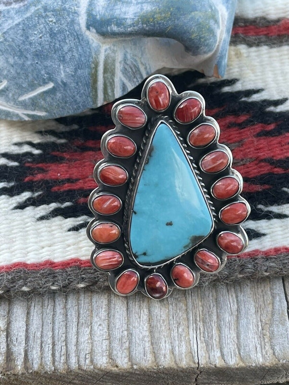 Navajo Cluster Fox Turquoise Spiny Sterling Silve… - image 1