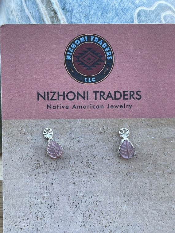 Zuni Sterling Silver & Pink Mussel Shell Leaf Ear… - image 2