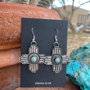 Navajo Turquoise & Sterling Silver Zia Dangle Earrings By Kevin Billah