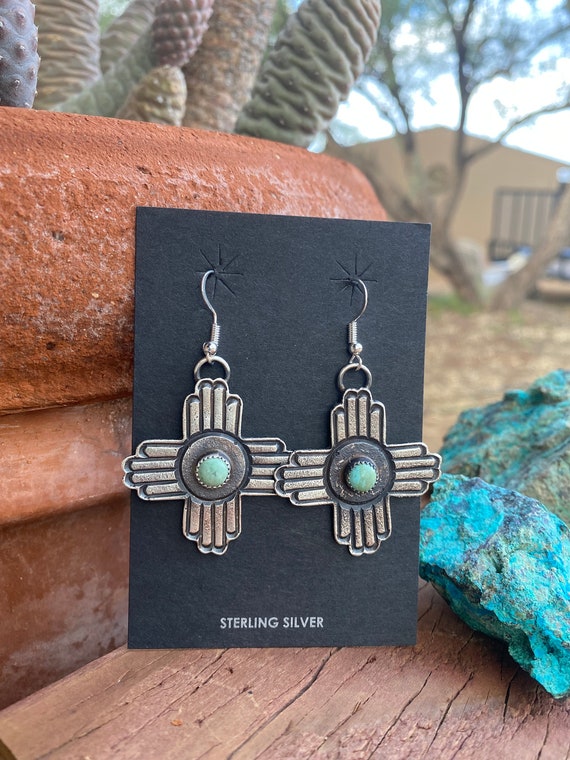 Navajo Turquoise & Sterling Silver Zia Dangle Earr