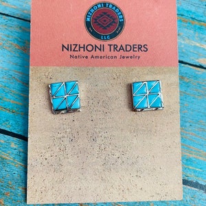Zuni Sterling Silver & Turquoise Inlay Stud Earrings