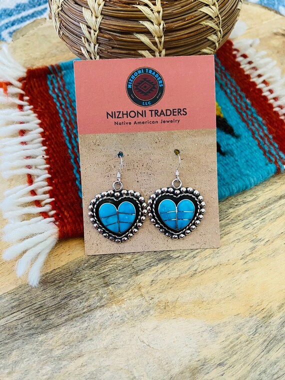 Zuni Sterling Silver & Turquoise Inlay Heart Dang… - image 2