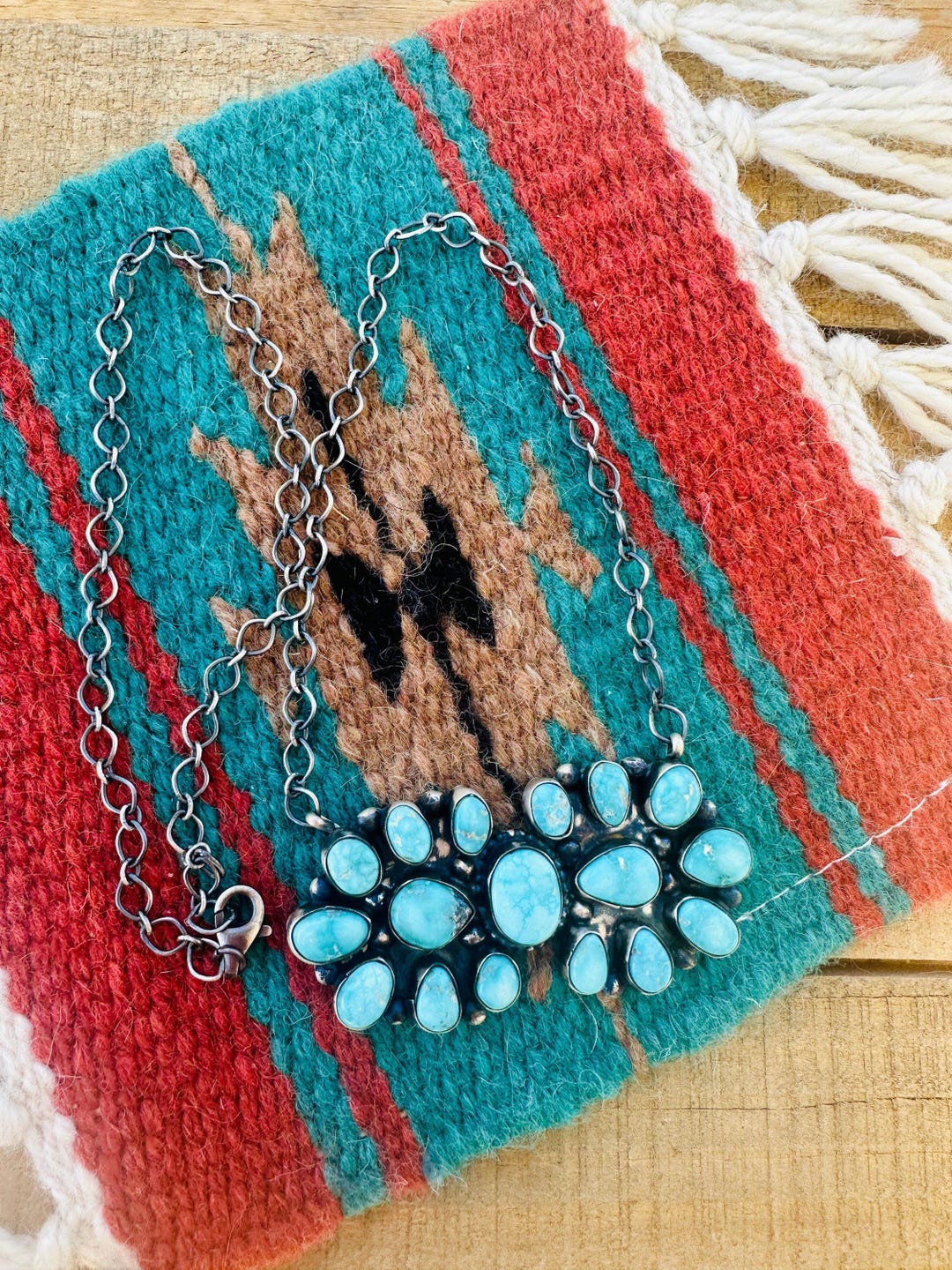 Navajo Sterling Silver & Kingman Turquoise Cluster Necklace - Etsy