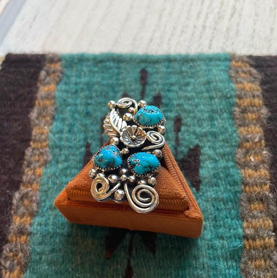 Navajo Sterling Silver & Turquoise Flower Ring Si… - image 3