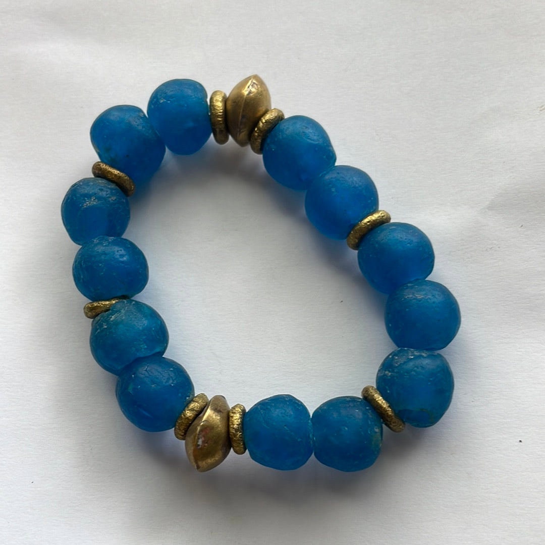 Bracelet Perles De Verre Bleu Vert Extensible - Superbe Pièce Unique D'Occasion