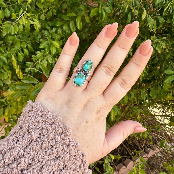 Beautiful Handmade Sonoran Gold Turquoise And Sterling Silver 2 Stone Ring