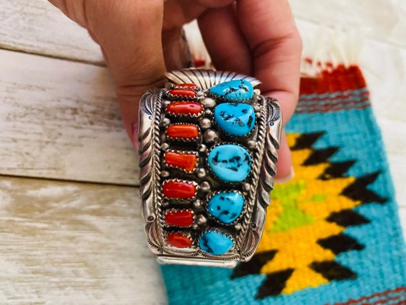 Old Pawn Vintage Navajo Turquoise, Coral & Sterli… - image 5