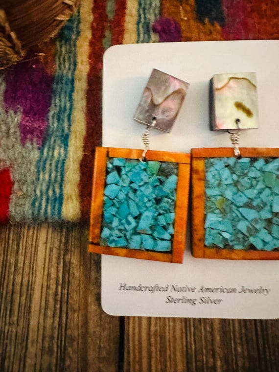 Handcrafted Multi Stone Inlay Dangle Earrings - image 3