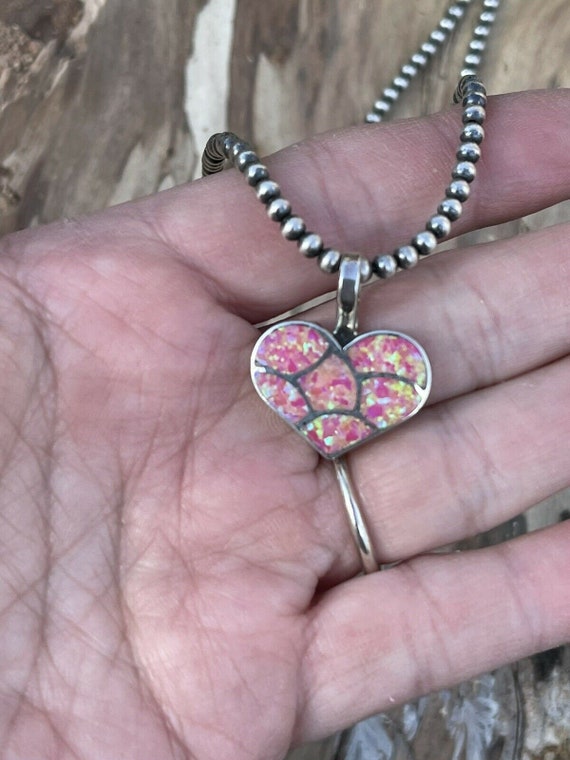 Zuni Iridescent Pink Opal & Sterling Silver Heart… - image 5