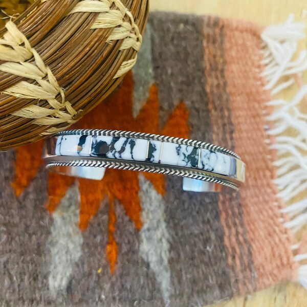 Navajo White Buffalo & Sterling Silver Inlay Cuff Bracelet