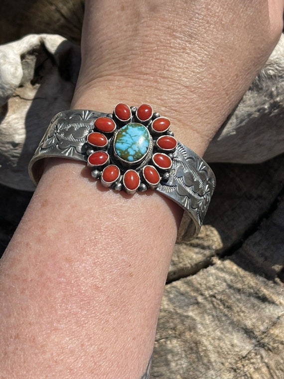 Navajo Sterling Kingman Web Turquoise & Red Coral… - image 8