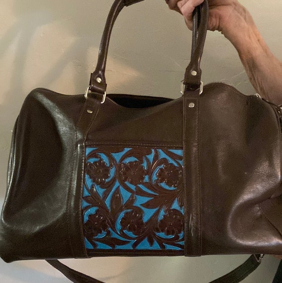 Chocolate Leather and Turquoise Duffle Bag - image 8