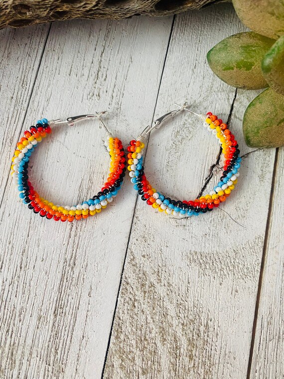 Navajo Handmade Beaded Hoop Earrings-multi color