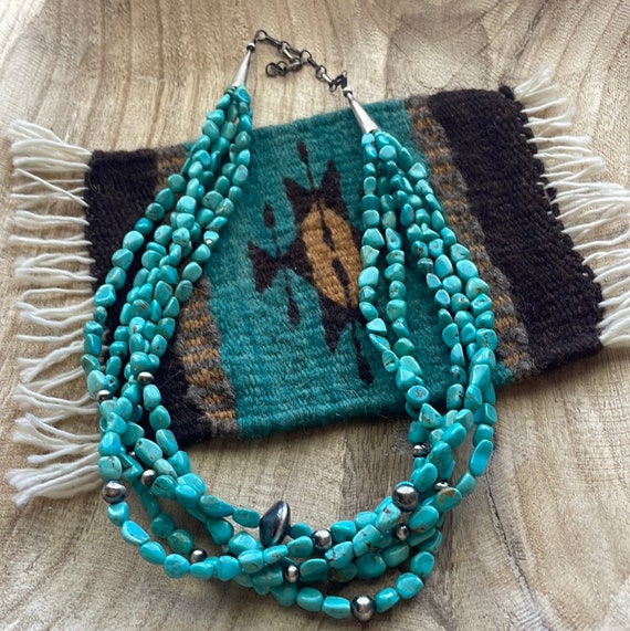 Navajo Turquoise & Sterling Silver 5 Strand Beade… - image 1
