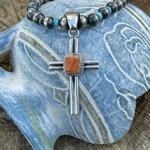 Navajo Sterling Silber & Orange Spiny Shell Kreuz Anhänger signiert