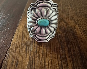 Beautiful Concho Handmade Turquoise And Sterling Silver Adjustable Ring