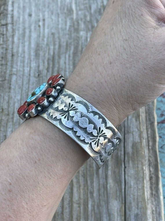 Navajo Sterling Kingman Web Turquoise & Red Coral… - image 3