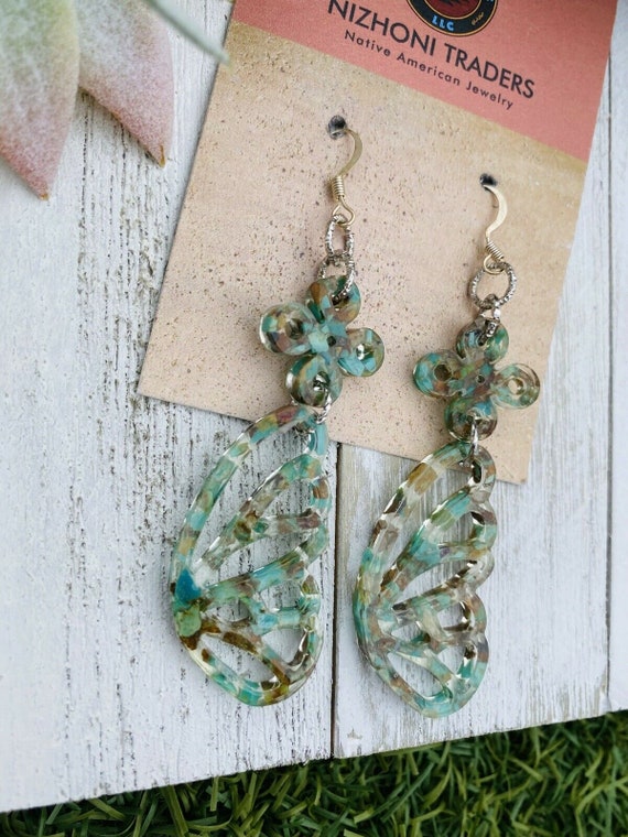 Navajo Turquoise & Resin Butterfly Wing Dangle Ea… - image 4