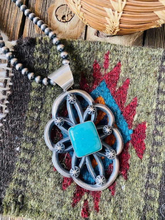Chim Butte Vintage Native American Navajo Turquoise Sterling Silver Pendant Chim Butte Vintage Native American Navajo Turquoise Sterling Silver Pendant