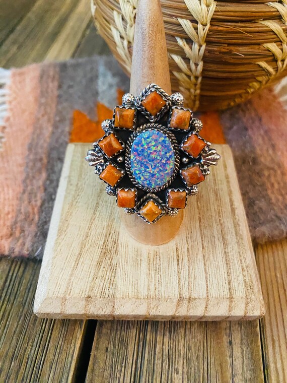 Handmade Sterling Silver, Orange Mojave & Opal Cl… - image 1